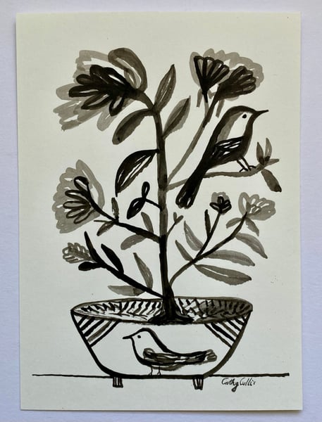 Image of two birds with summer blooms - original ink drawing 