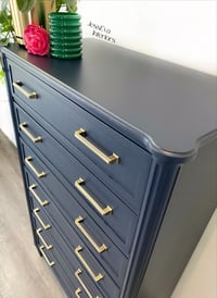 Image 6 of Vintage Stag Chateau Tallboy / Large Chest of Drawers painted in navy blue.