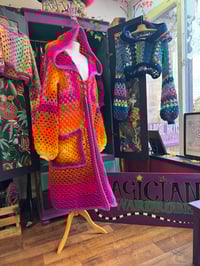 Image 2 of THE PORANGE PRINCESS - crochet art duster - pink orange yellow maxi long hooded cardigan 