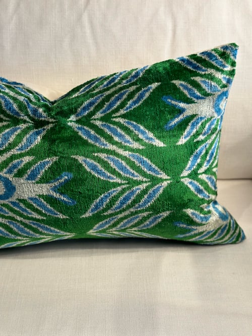 Image of Ikat Velvet Cushion with Blue and Green Pattern 