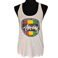 Image 3 of Vintage 1990s Stussy White Tank Top - Rydim for Jah Irie Feeling - Size Small