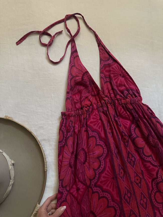 late 60s Indian block print gauze cotton halter maxi dress