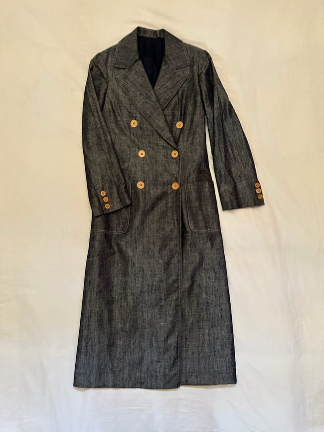 early 1970s denim maxi trench coat double breasted overcoat 