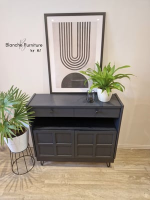 Image of Slim / Narrow hallway Sideboard in Midnight Blue with black knobs. 