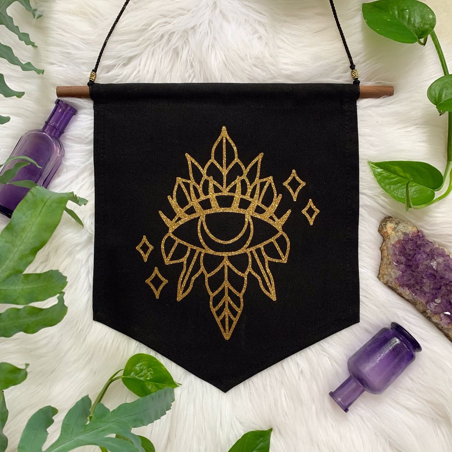 Image of Black and Gold Leafy Moon Eye Banner