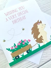 Image 4 of Handmade Hedgehog Birthday Card - Cute Animal Card with Flower Cart