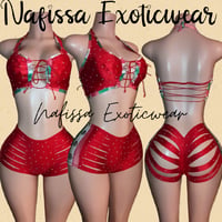Image 4 of "Crystal Mexican Flag 1-Piece Backless Bodysuit, 2-Piece Thong Sets, Shorts Set"