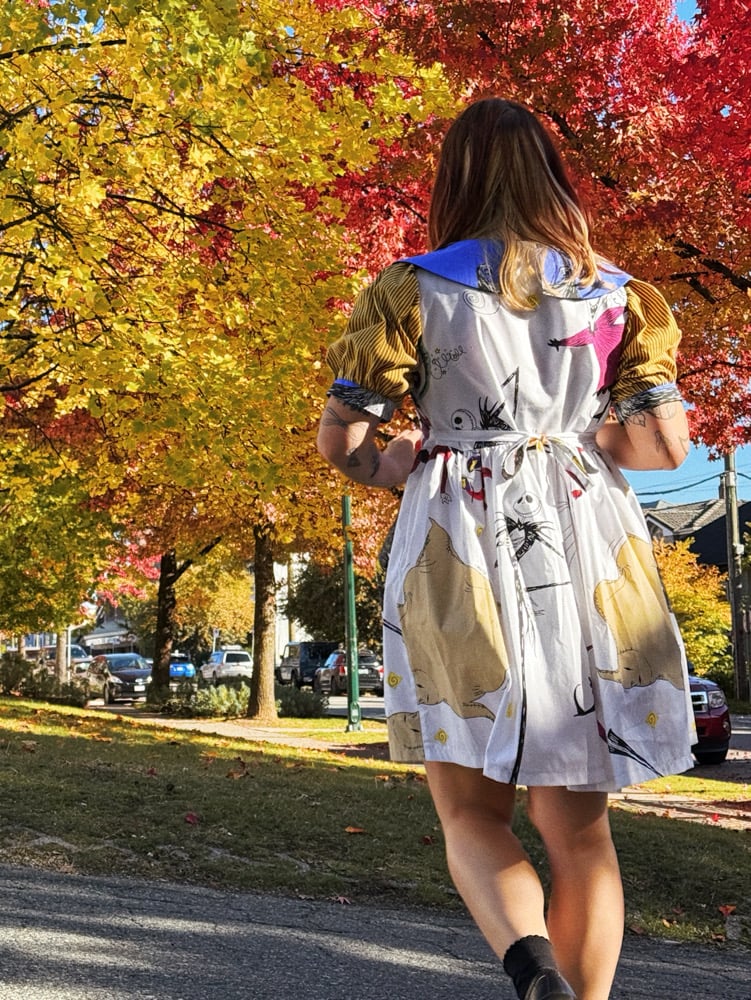 Image of Collared Puff Sleeve Dress — Halloween Yellow Stripes