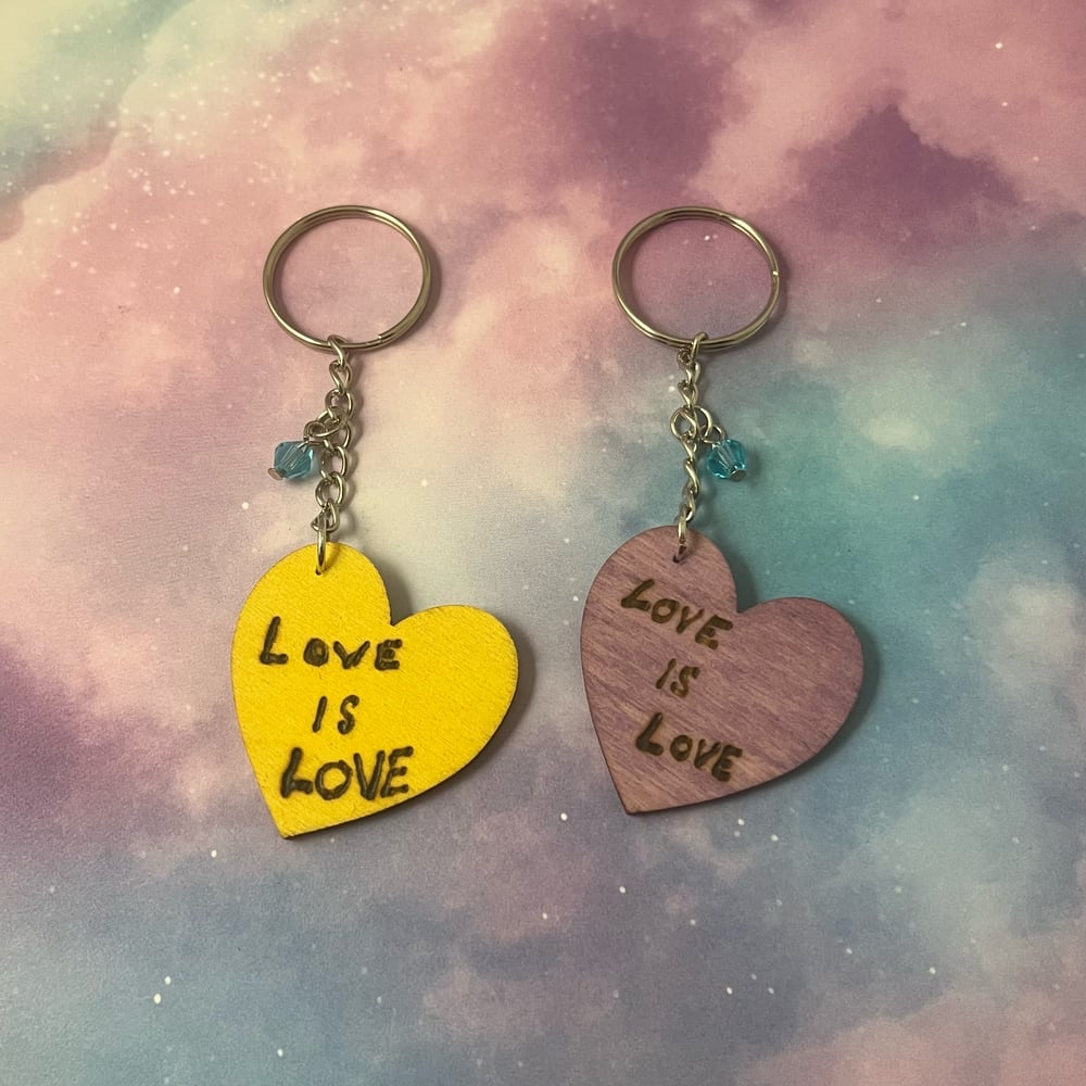 Image of Love Is Love Wood Burned Keychain