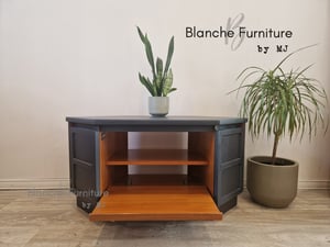 Image of TV / Media Stand with shelves and Cabinet doors in Grey, By Nathan