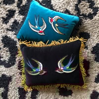 Image 4 of Teal Cotton Velvet Cushion With Swallow Embroidery Patches