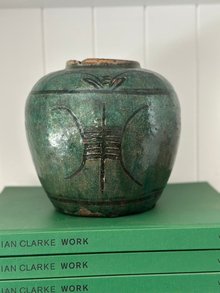 Image of Antique Chinese Calligraphy Jar  Dark Green