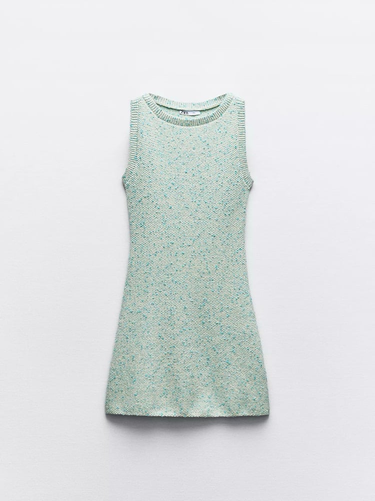 Image of ZARA ECRU/BLUE KNIT MINI FLARED DRESS (SMALL)