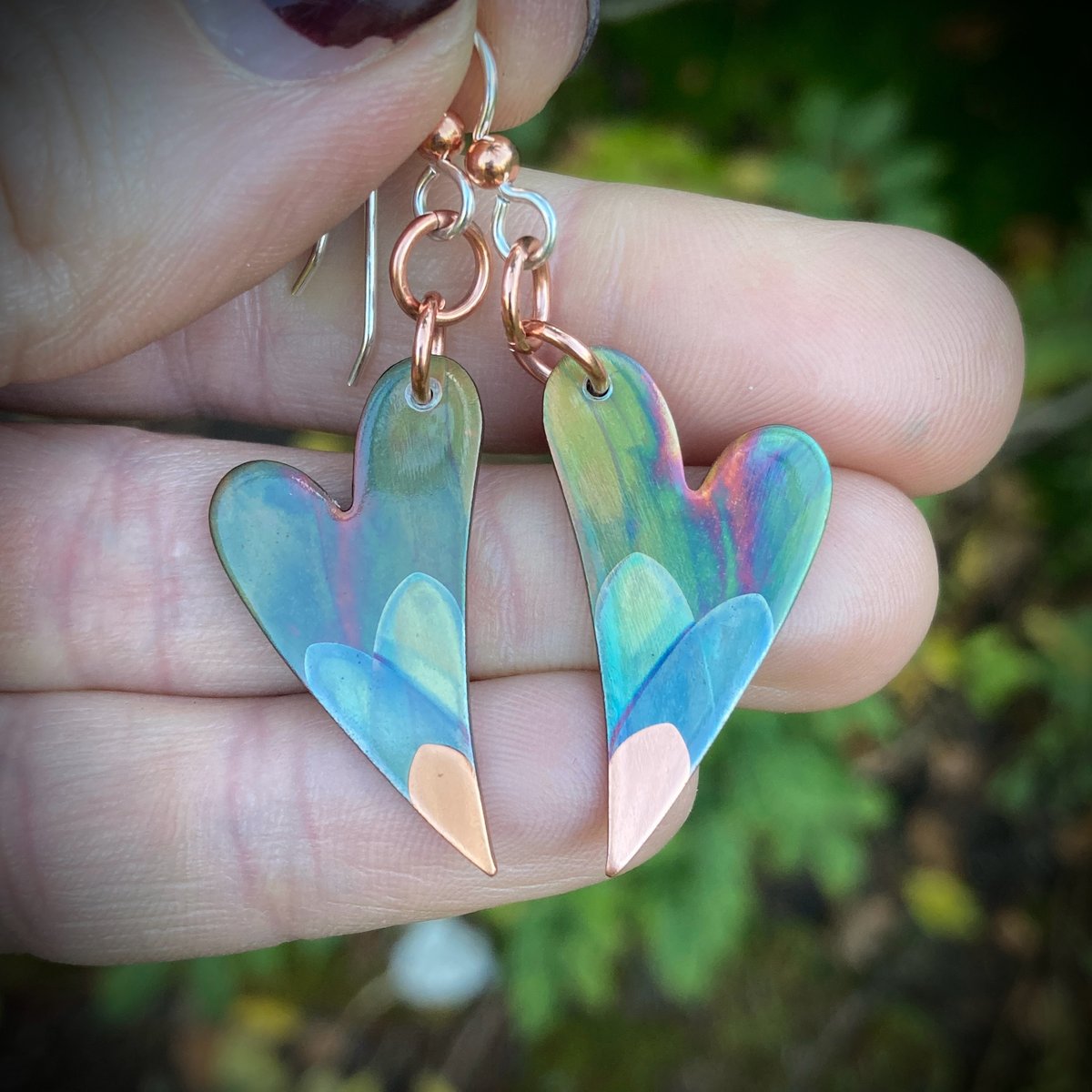 Flame Painted Copper Heart Earrings
