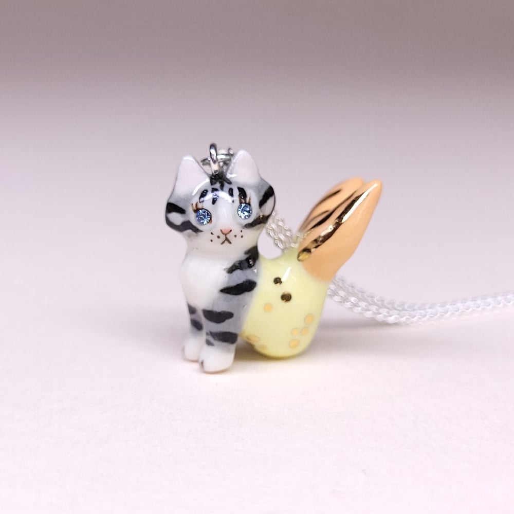 Image of Silver Tabby Purrmaid Porcelain & Sterling Silver Pendant