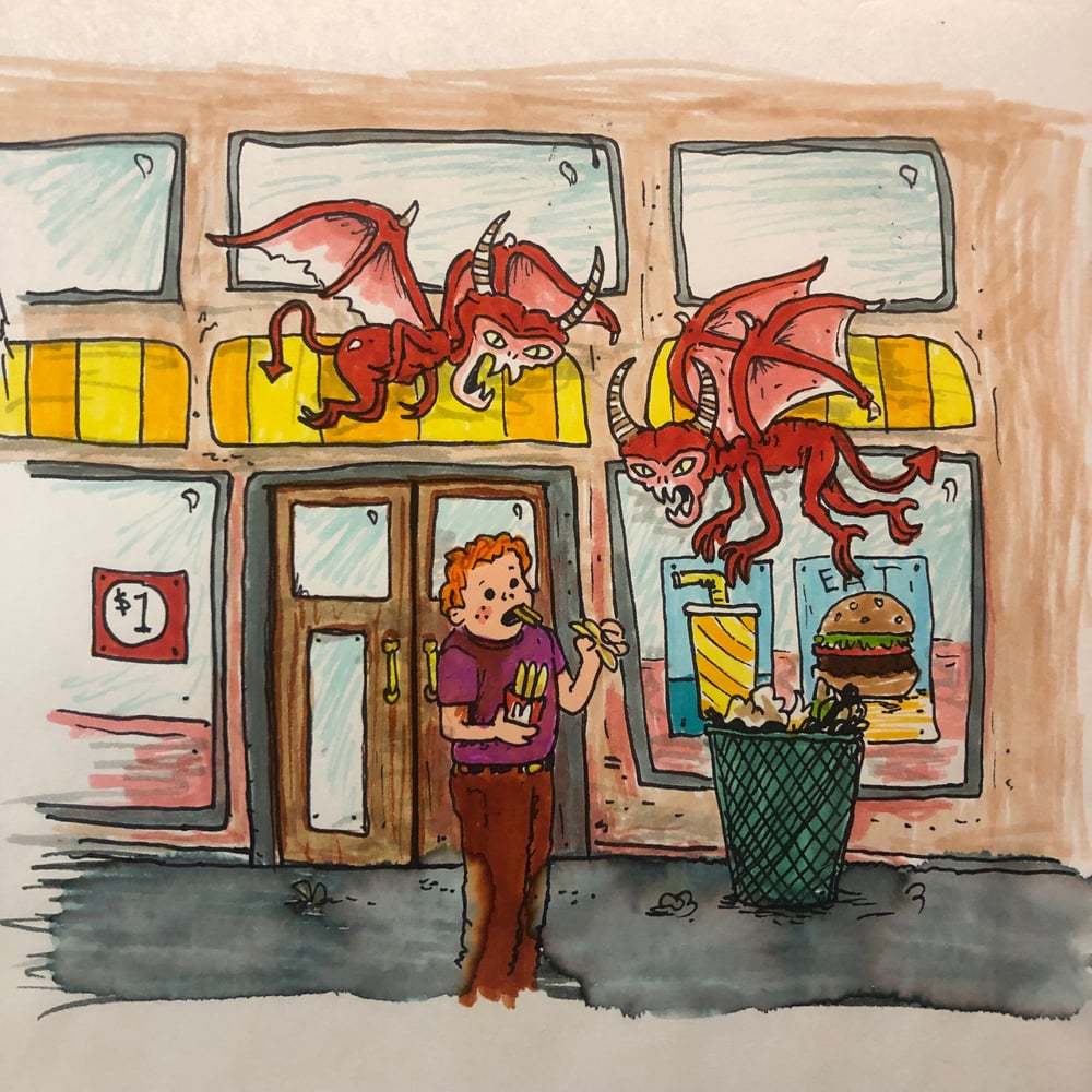 Image of We All Want To Always Be Eating Fries  All The Time original 7x8 inch ink on paper