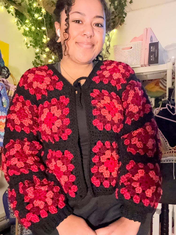 Image of Red Granny Square Tie-Front Sweater