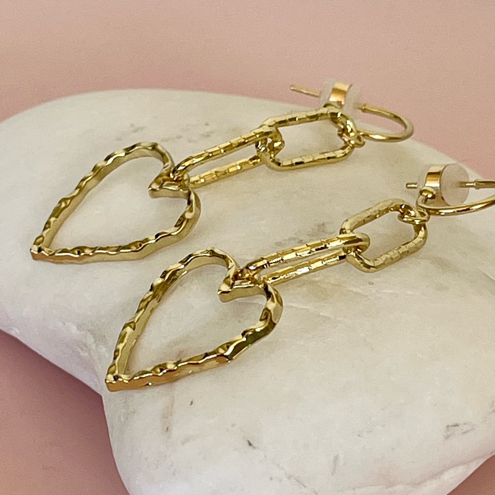 Image of Gold Textured Heart and Chain Half Hoops