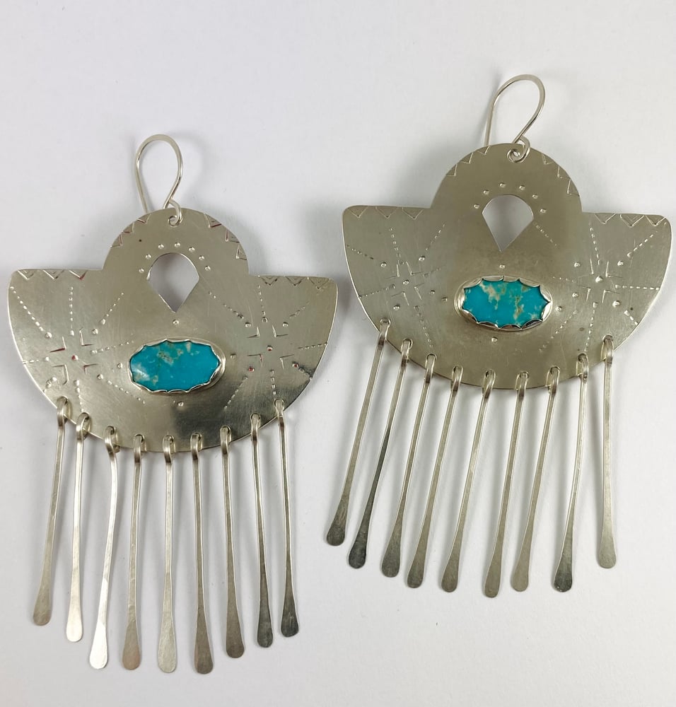 Image of Turquoise and Silver Fans w Tassels 