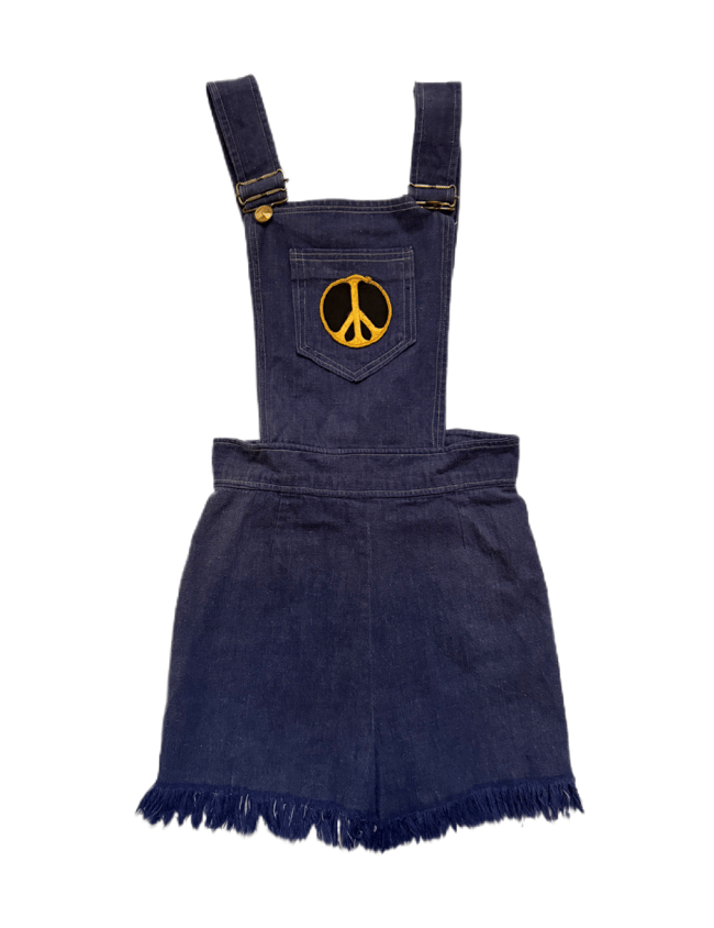 1960s denim short overalls with peace and ecology environmental patches