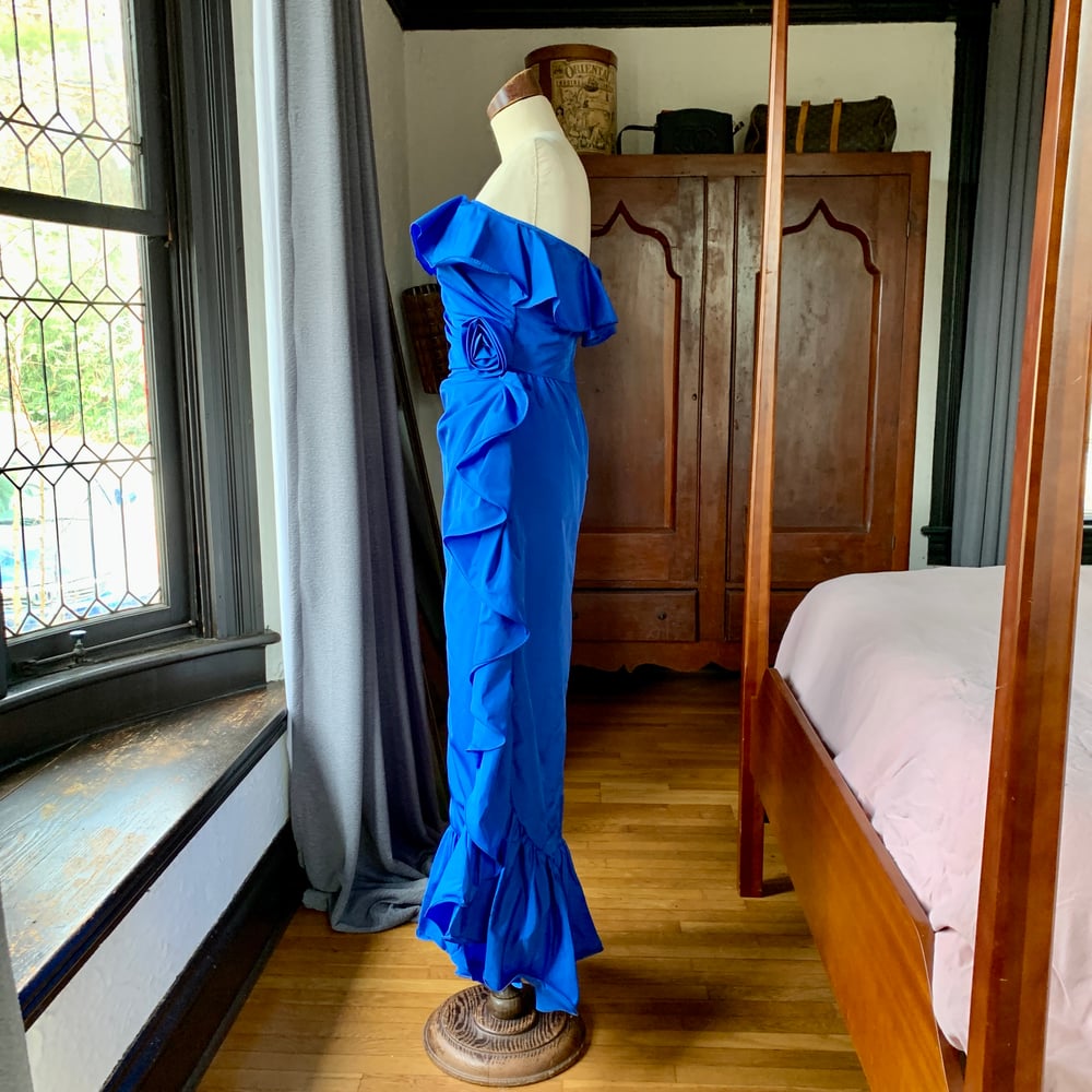 Blue Strapless Ruffle Dress XS