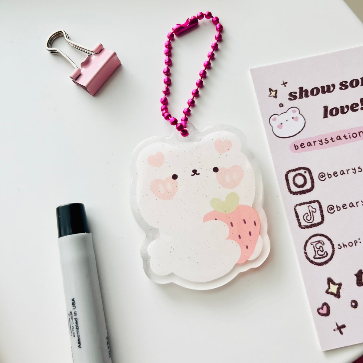 Acrylic kawaii bear keychain, cute kawaii acrylic keychain, strawberry bear  keychain, bear keychain, kawaii bear keychain