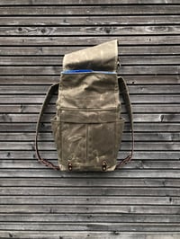 Image 2 of Waxed Canvas Backpack medium size / Hipster Backpack with closing flap and double bottle pocket