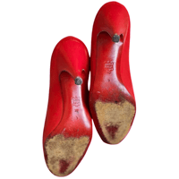 Image 5 of 1980s Red Bruno Magli Leather Peep Toe Heels- Flower Accent