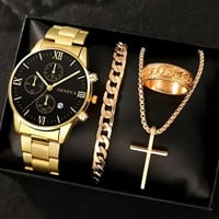 Image 3 of 4pcs Luxury Men Business Quartz Watch Gold Alloy Roman with Calendar Wrist Watch Cross Necklace Brac