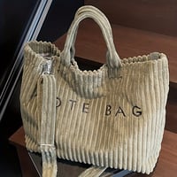 Image 15 of Women's Fashion Solid Color Corduroy Large Capacity Tote Bag, Letter Pattern with Contrast Design Ad