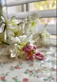 Image 3 of Lola Bunny Charm – Handmade Polymer Clay Pink Bunny with Carrot-Cute Spring Keychain or Bag Charm