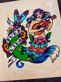 Image 3 of Folk Art Mermaid "Pura Vida" Traditional Tattoo Art Print 