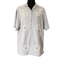 Image 2 of Light Blue Folk Embroidered Floral Cotton Linen Button-Up Shirt - Size L Men’s 