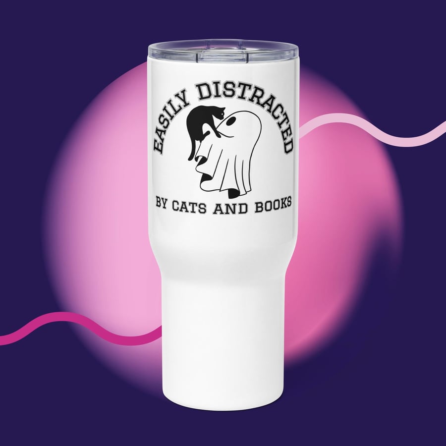 Image of Easily distracted by cats & books ghost & kitty Travel mug with a handle