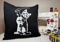 Image 1 of Upcycled “Death Kitten” t-shirt pillow with denim pockets
