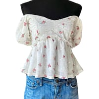 Image 2 of Boho Festival White Rose Floral Eyelet Overlay Babydoll Top with Puff Sleeve - Size M - Trixxi