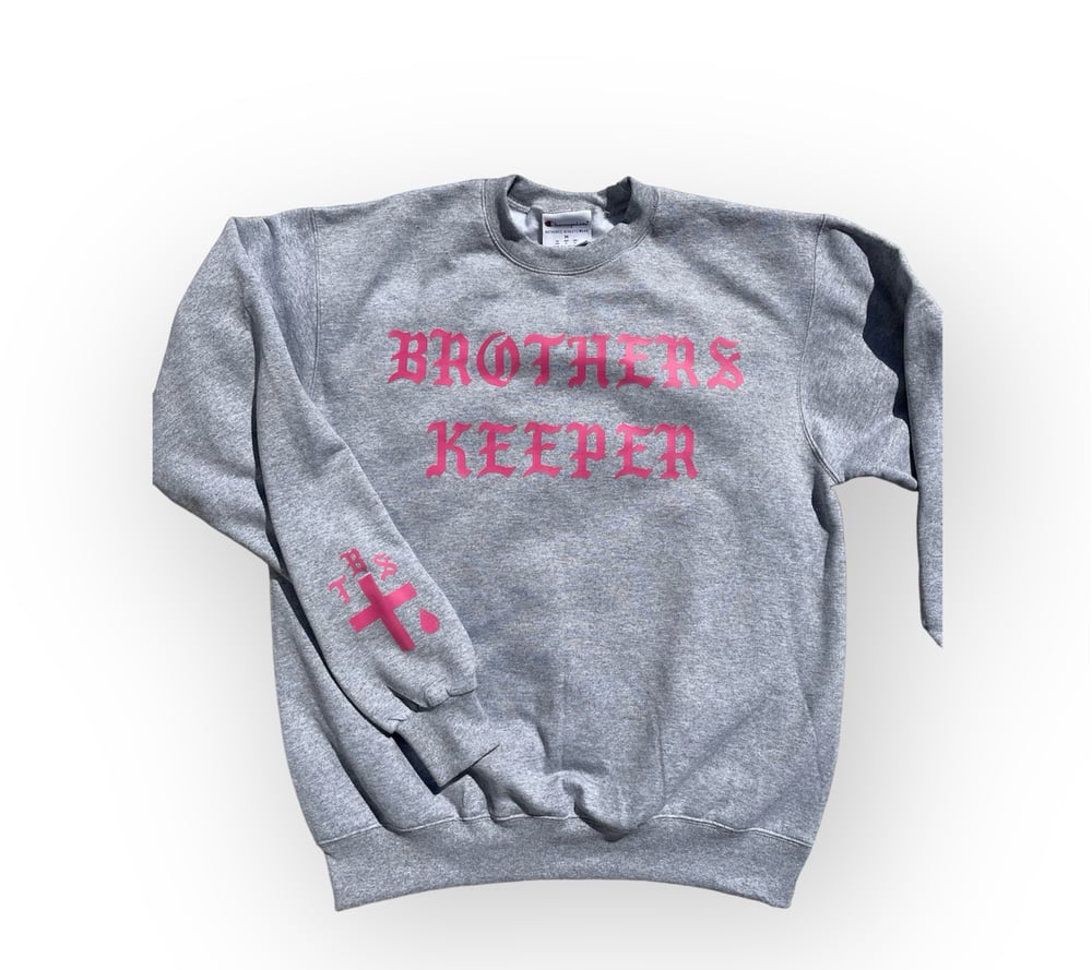Image of Brothers Keeper Crewneck Sweater - Grey/Pink