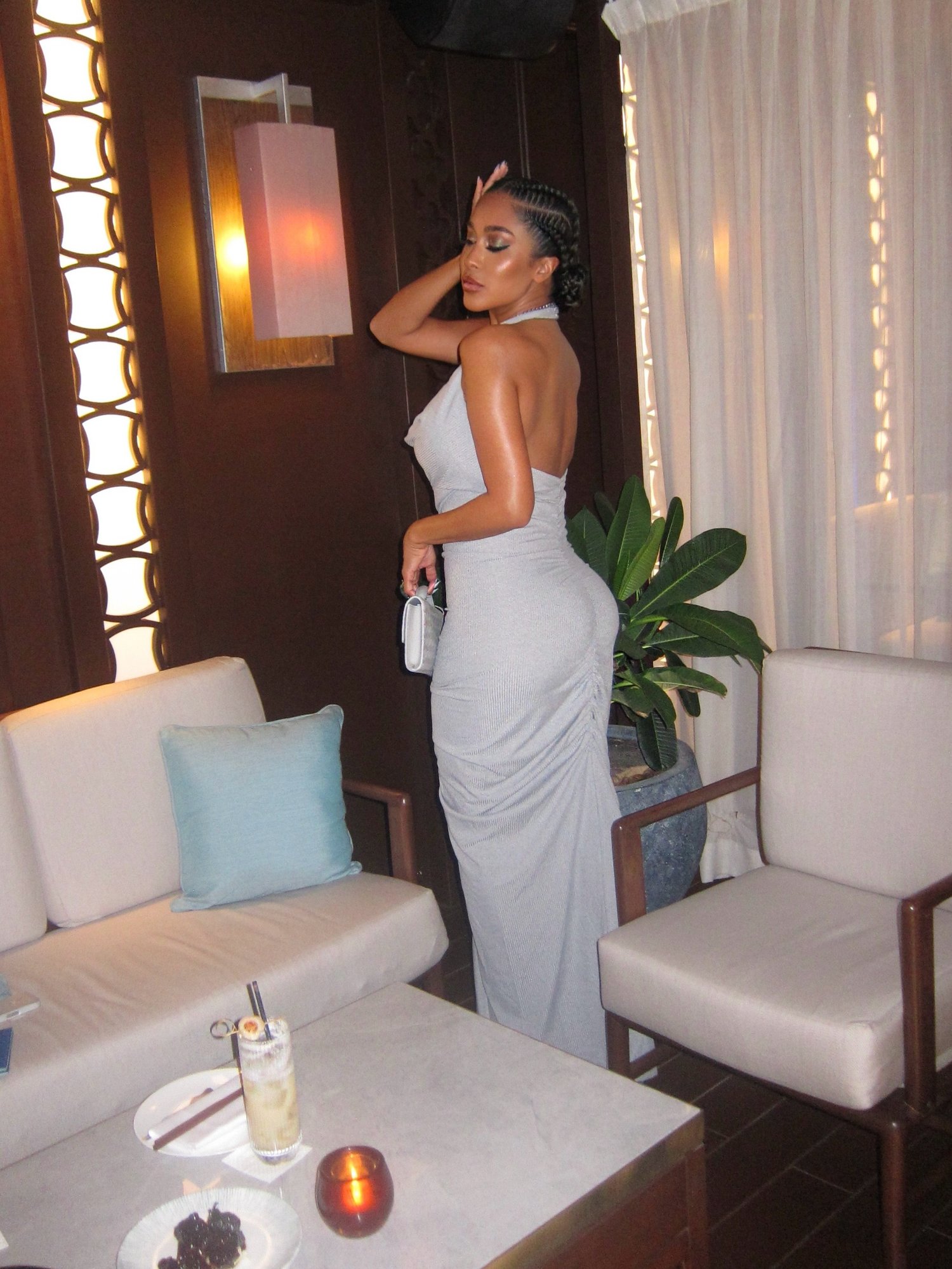 Image of GREY RIBBED RUCHED HALTER MAXI DRESS (L)