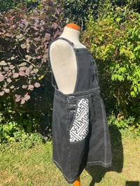 Image 2 of Upcycled Dungaree Dress with White Stencil Sayagata Pocket Design.
