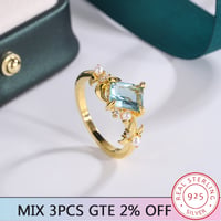 Image 1 of New Hot 18-karat Gold Ring for Women High Quality Square Light Blue Zirconium Ring Fashion Pearl Jew