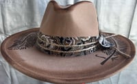 Image 1 of Tan Fedora Painted Feather & Print Satan Band