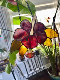 Image 4 of Sunset Hibiscus Stained-Glass Suncatcher - Red & Orange Tropical Flower Window Hanging