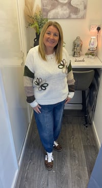 Image 1 of Embroidered Flower Stripe Sleeve Jumper Khaki