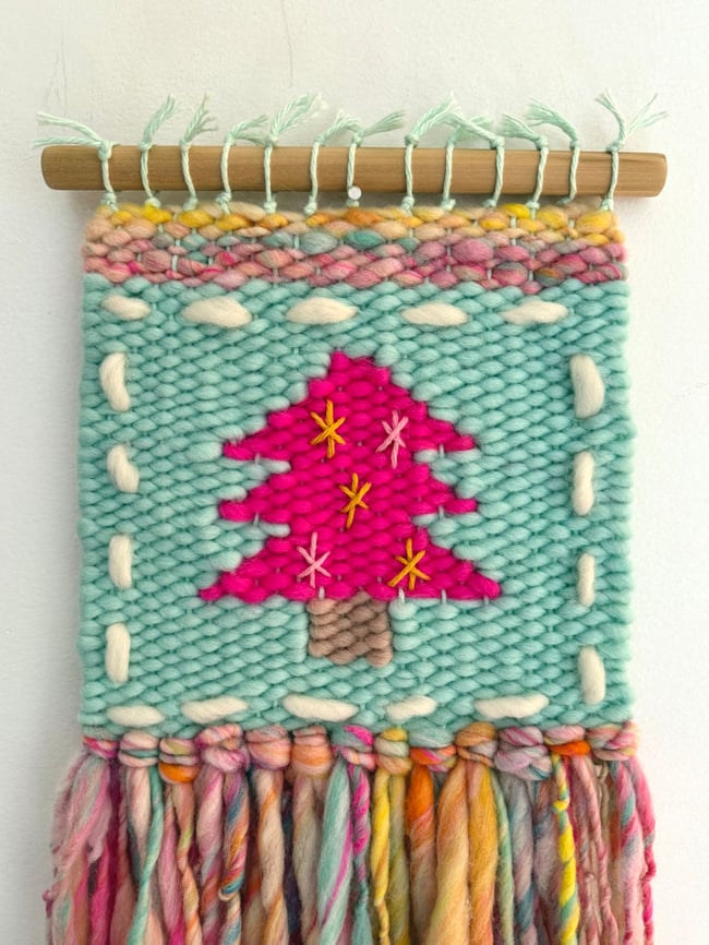 Pink Christmas tree & candy yarn. Woven wall hanging.