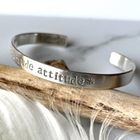 Image 2 of Gratitude attitude stamped silver cuff bracelet. Grateful loa 925 silver bangle. Law of attraction.