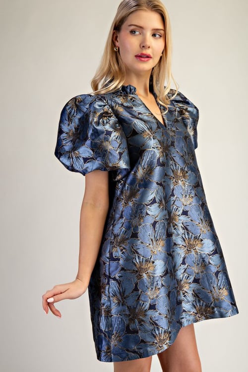 Image of Blue Floral Puff Sleeve Dress 