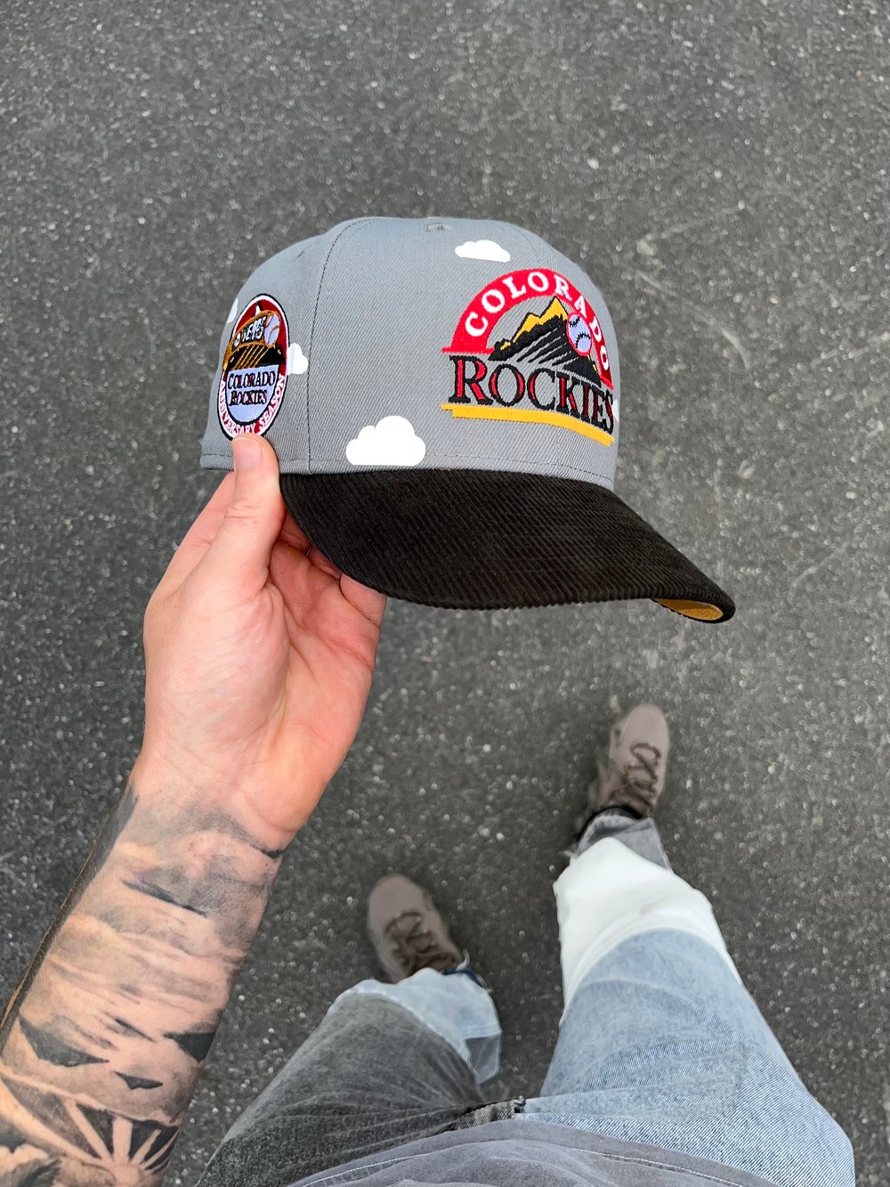 Image of BURNT YELLOW BRIM MULTI TONE PARTLY CLOUDY ROCKIES CUSTOM FITTED CAP