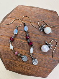 Image 9 of rainbow moonstone and ruby earrings in 14k gold and sterling silver