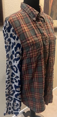 Image 2 of Vintage Funky Sleeve Green/Orange/Brown Flannel Shirt Leopard Print Sleeves Me. Steam Punk Cat
