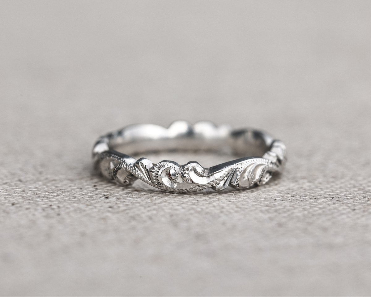 Image of Platinum 3mm floral carved ring